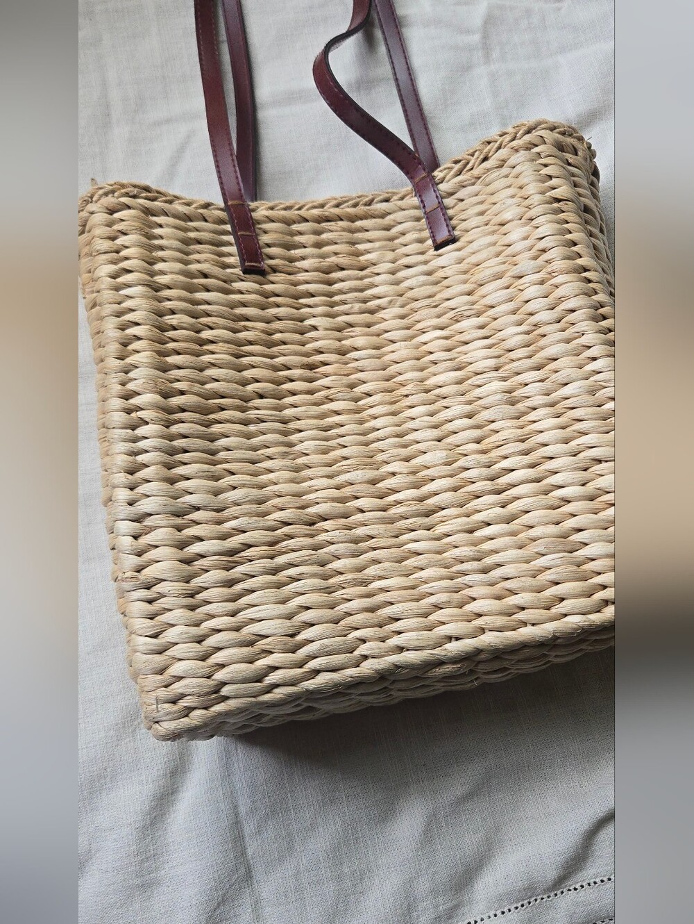 Woven Straw Tote with Floral Motif - Brown Straps - Picture 4 of 8